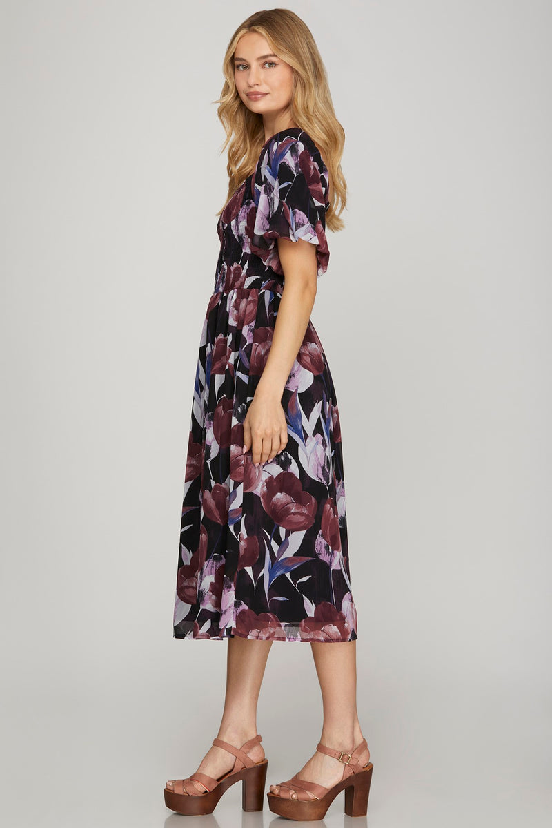 Puff Sleeve Smocked Floral Print Midi Dress - Plum