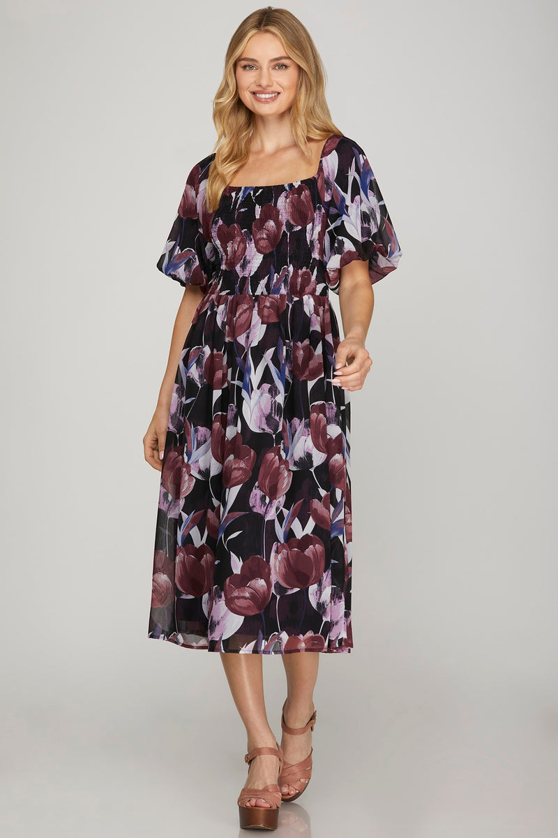 Puff Sleeve Smocked Floral Print Midi Dress - Plum
