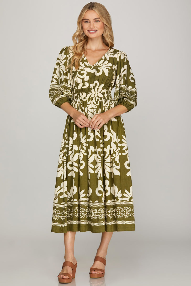 3/4 Sleeve V-Neck Printed Midi Dress - Olive