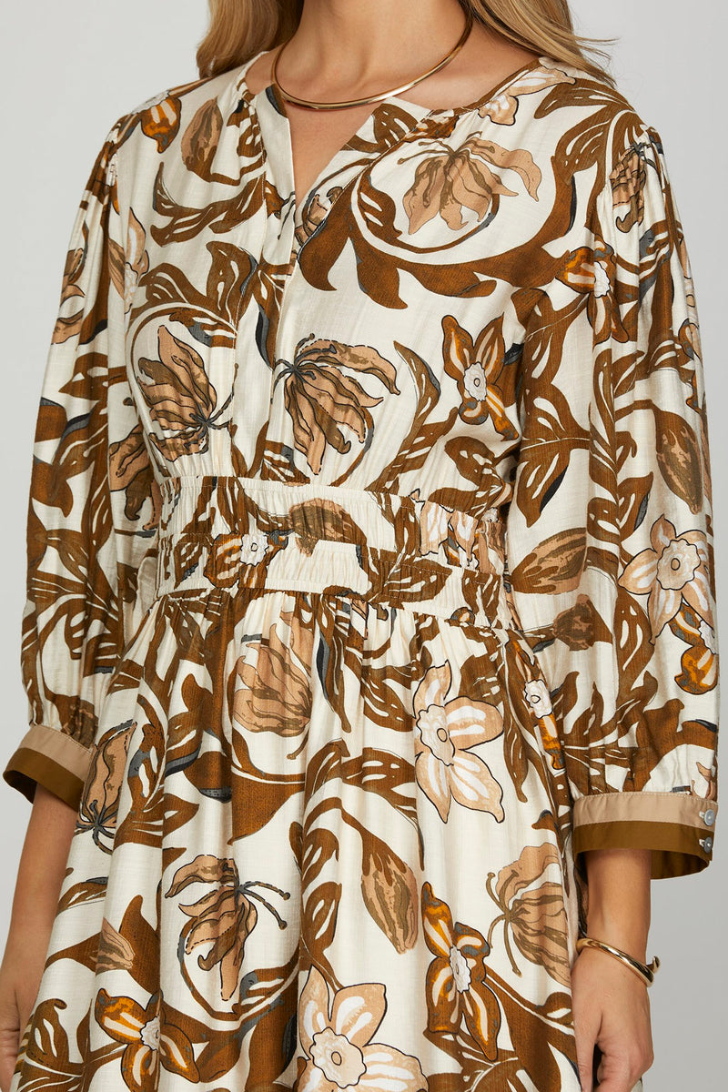 3/4 Sleeve Color Block Floral Midi Dress - Brown