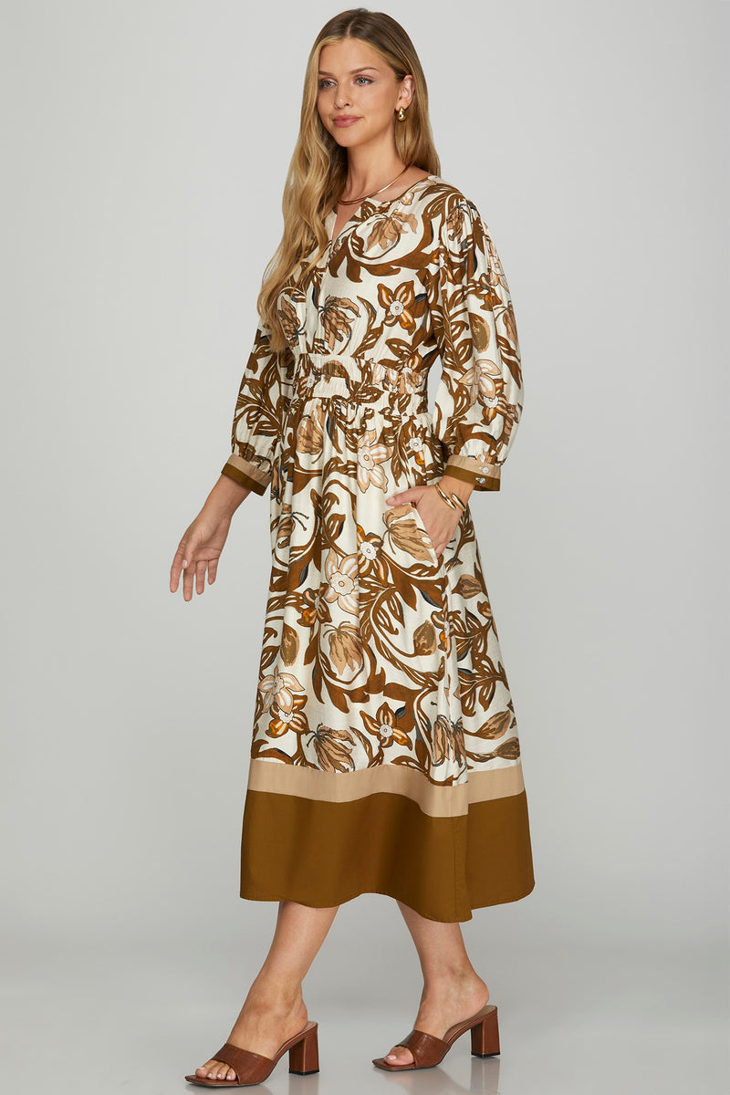 3/4 Sleeve Color Block Floral Midi Dress - Brown