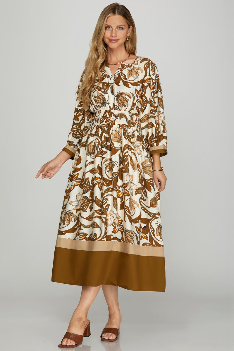 3/4 Sleeve Color Block Floral Midi Dress - Brown