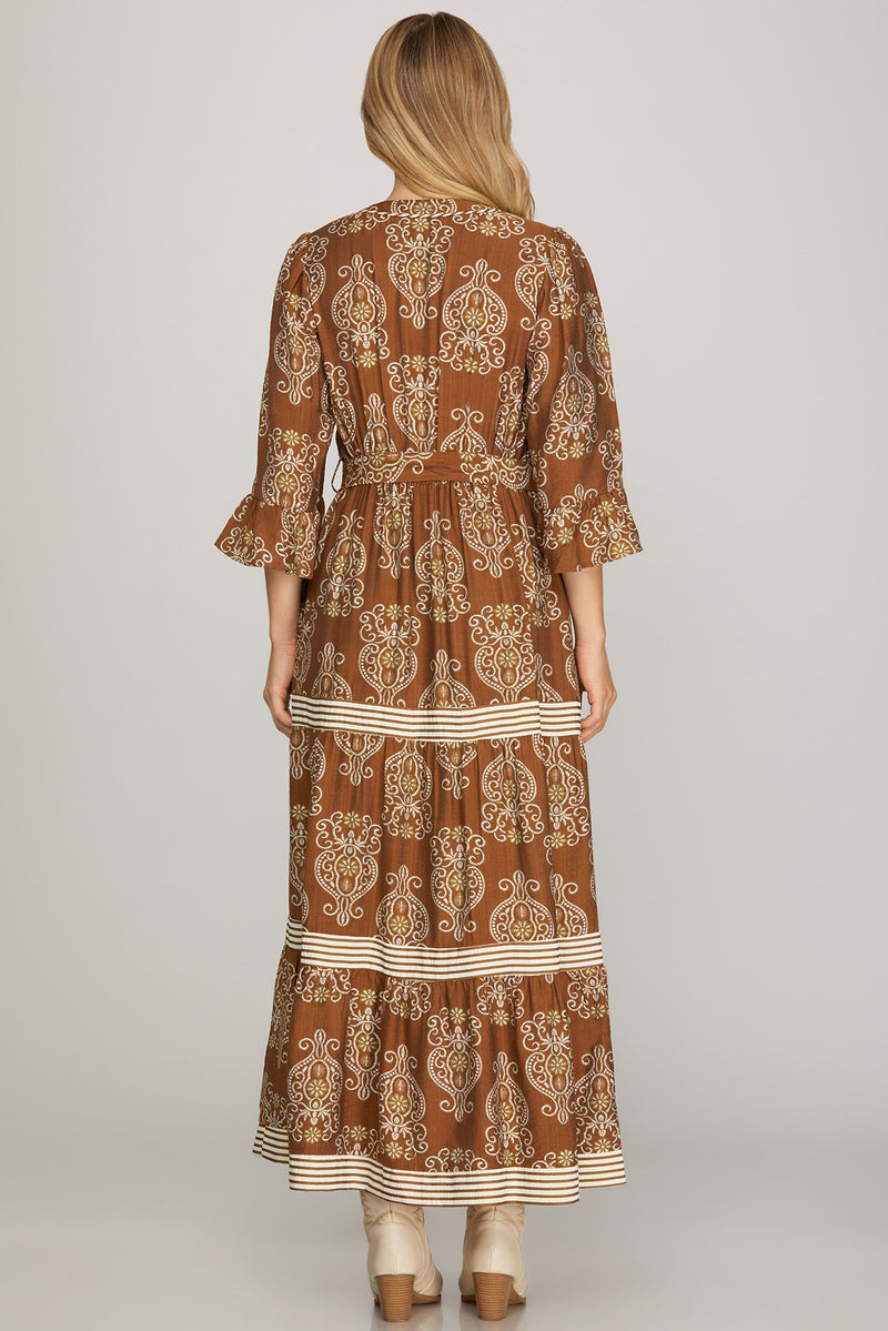 3/4 Ruffled Bell Sleeve Print Tiered Maxi Dress - Brown