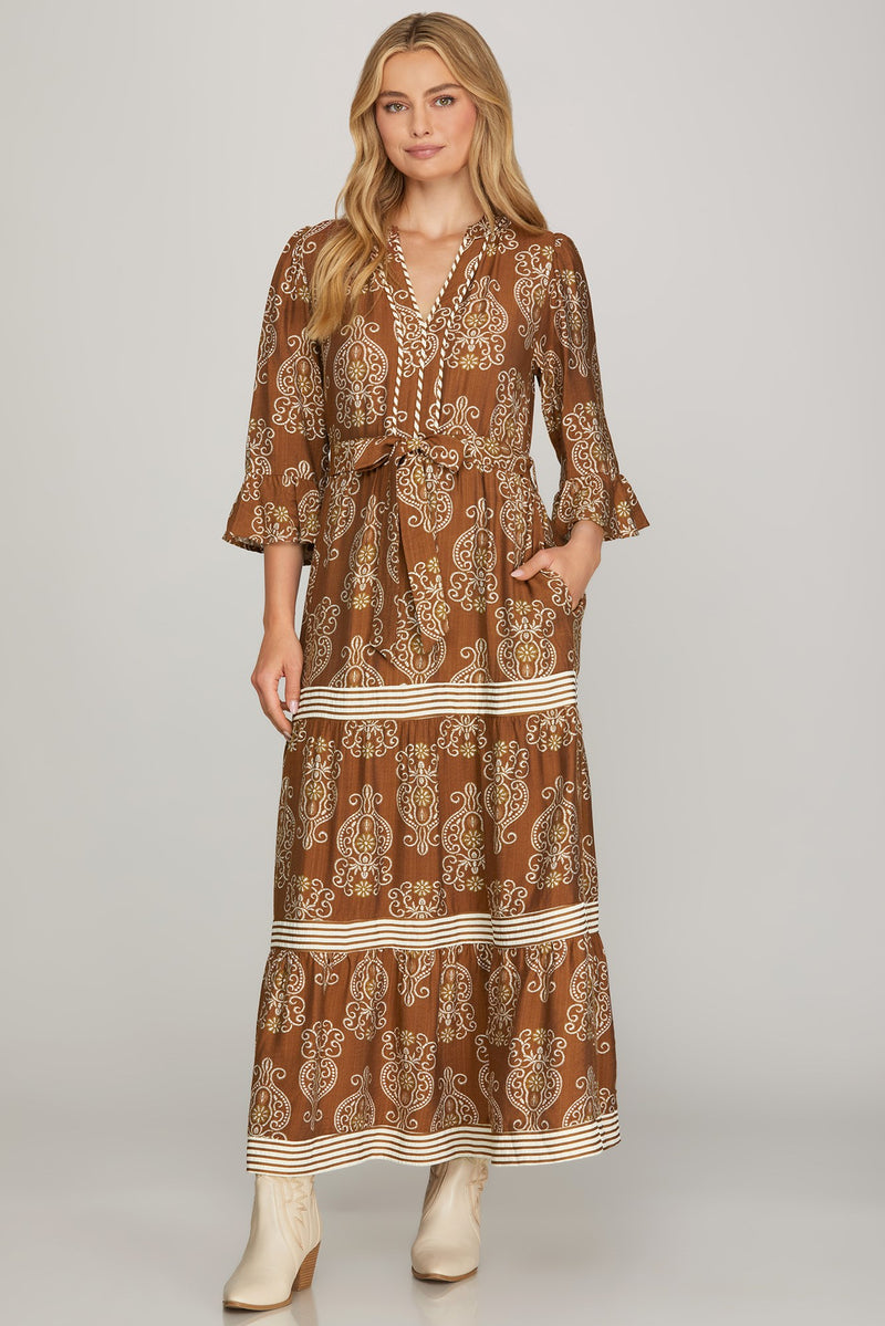 3/4 Ruffled Bell Sleeve Print Tiered Maxi Dress - Brown