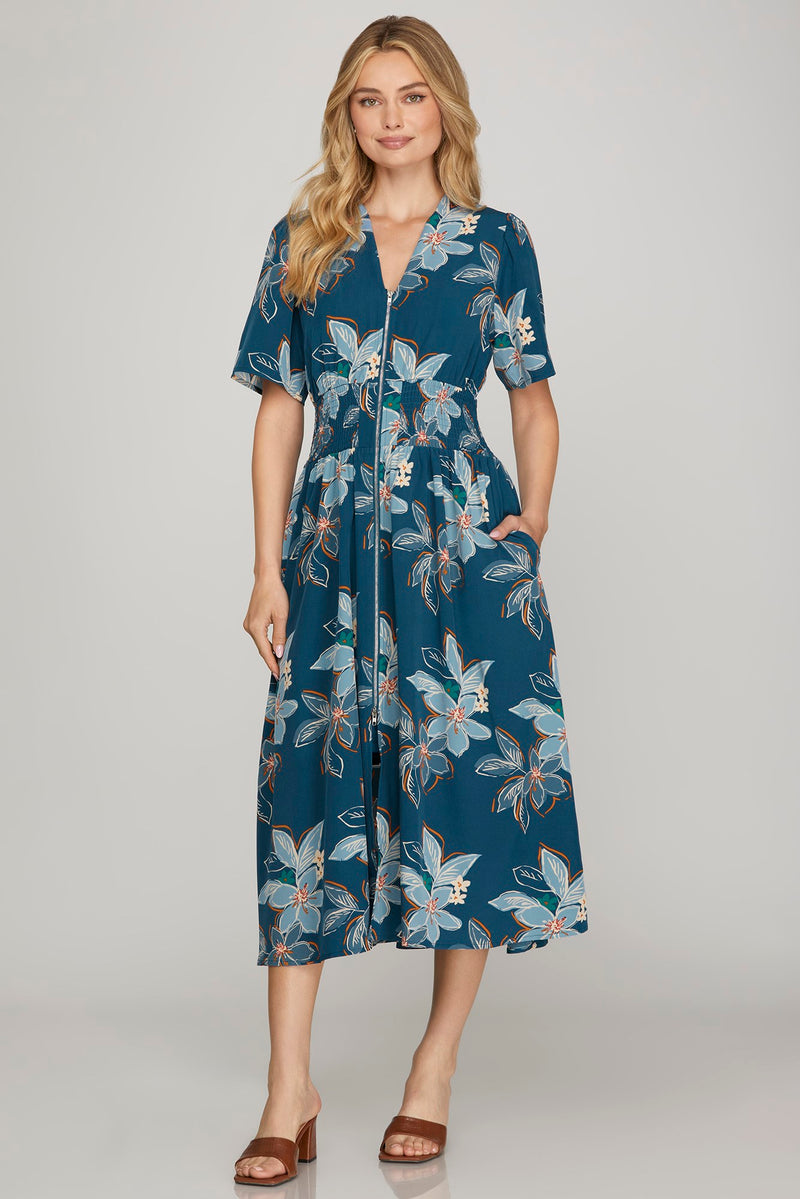Short Sleeve Smocked Waist Zip Front  Midi Dress - Teal