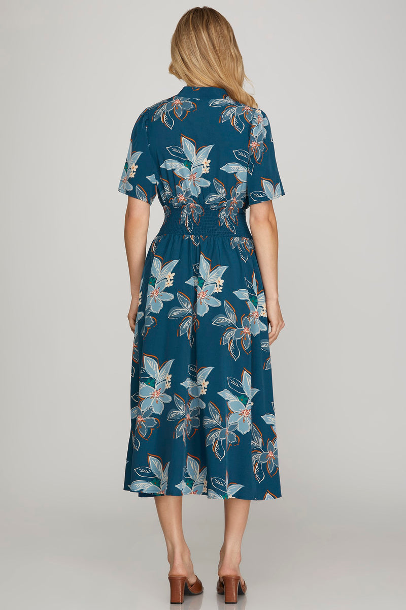 Short Sleeve Smocked Waist Zip Front  Midi Dress - Teal