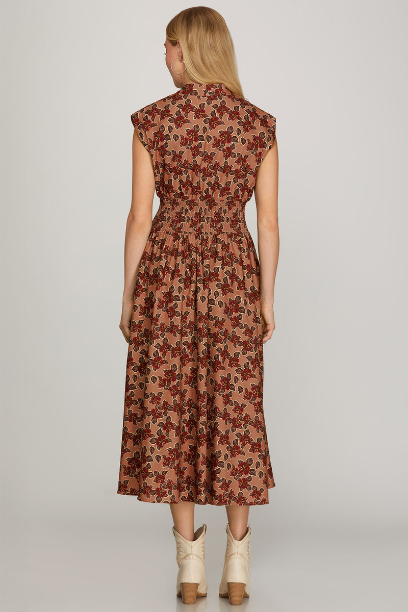 Fall Print Midi Dress - Dusty Rose/Wine