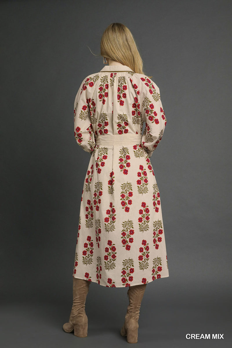 Floral Button-Front Maxi Shirt Dress with Waist Tie