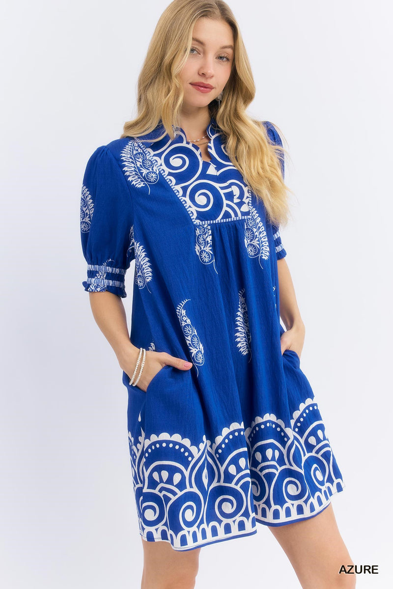 Paisley Mandala Print Babydoll Dress - Azure