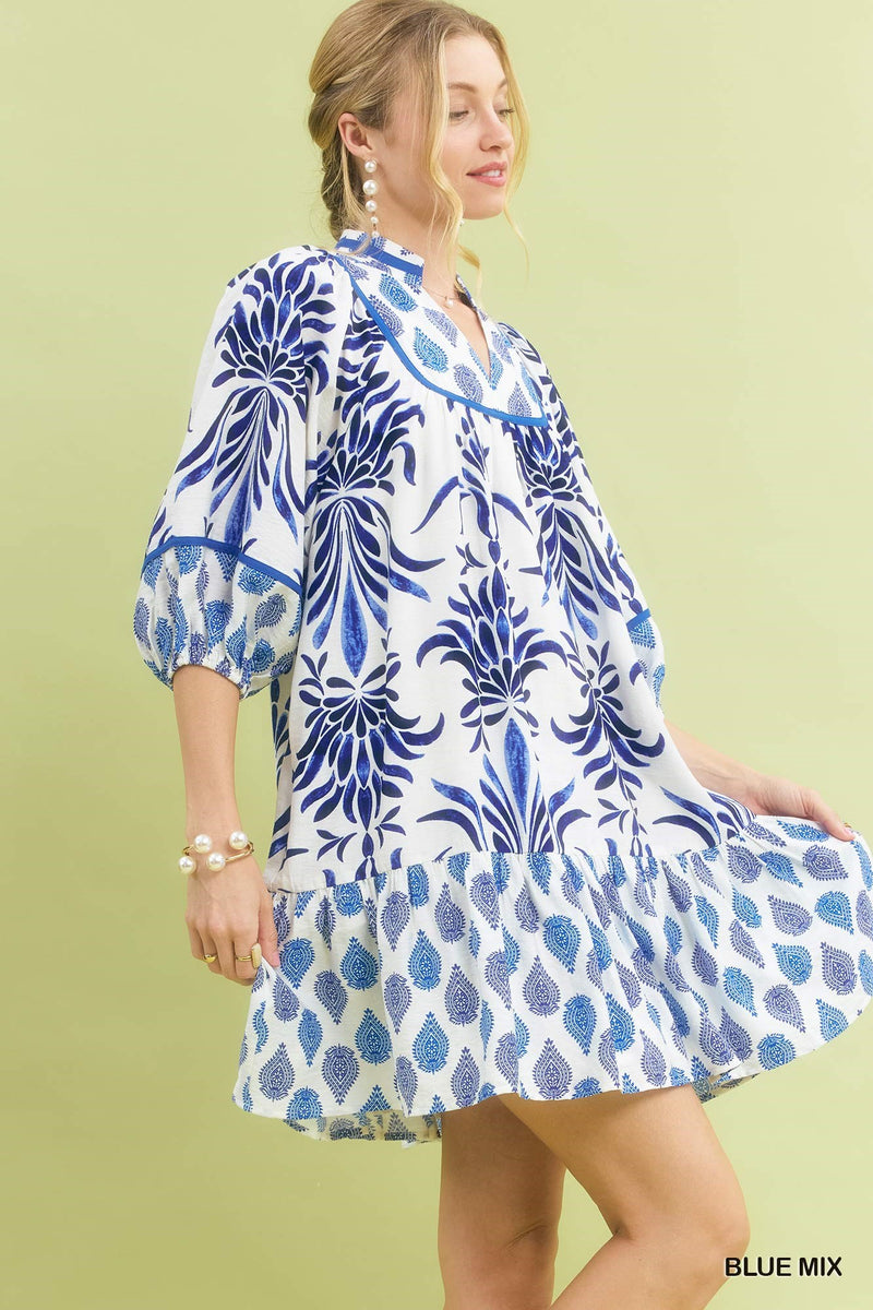 Mix Print Babydoll Dress with Ruffle Hem - Blue Mix