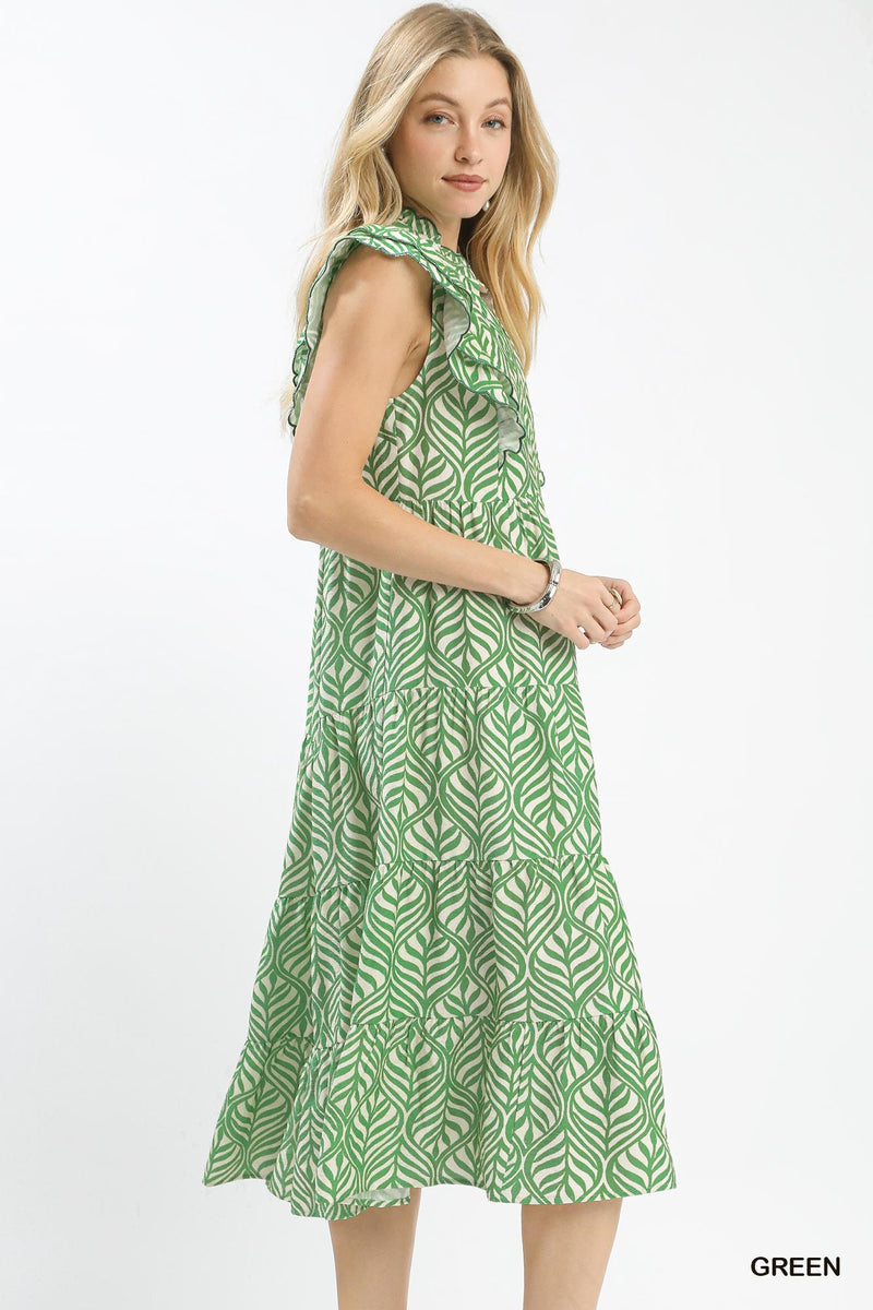 Leaf Print Tiered Midi Dress - Green