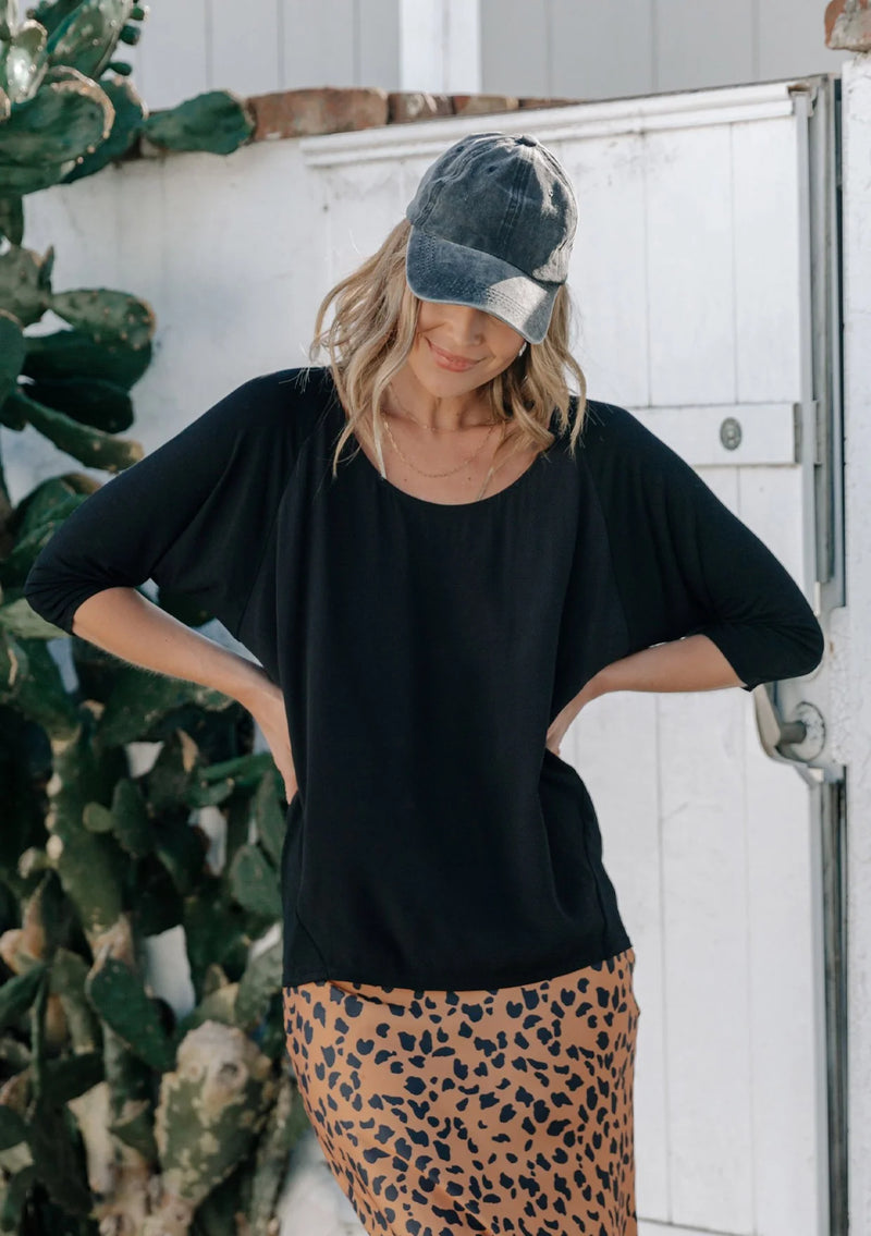 Black Three Quarter Dolman Sleeve Top