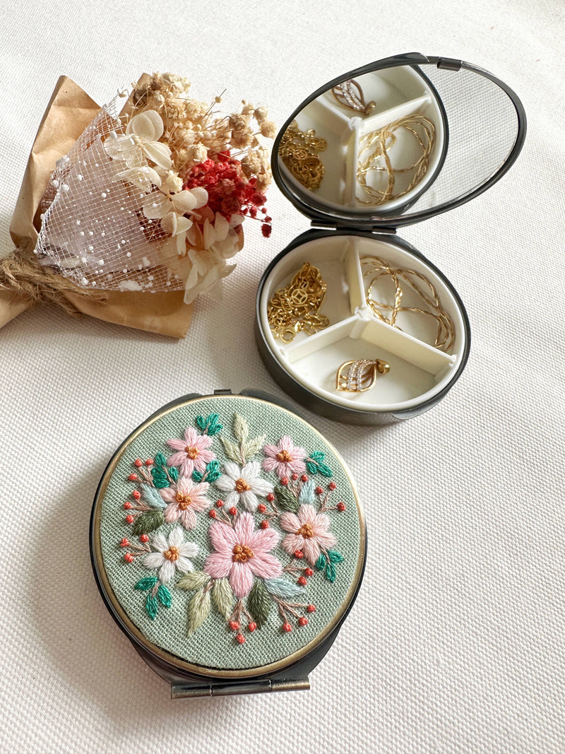 Floral Embroidered Round Jewelry Box (or Pill Box) With MirrorSuccess