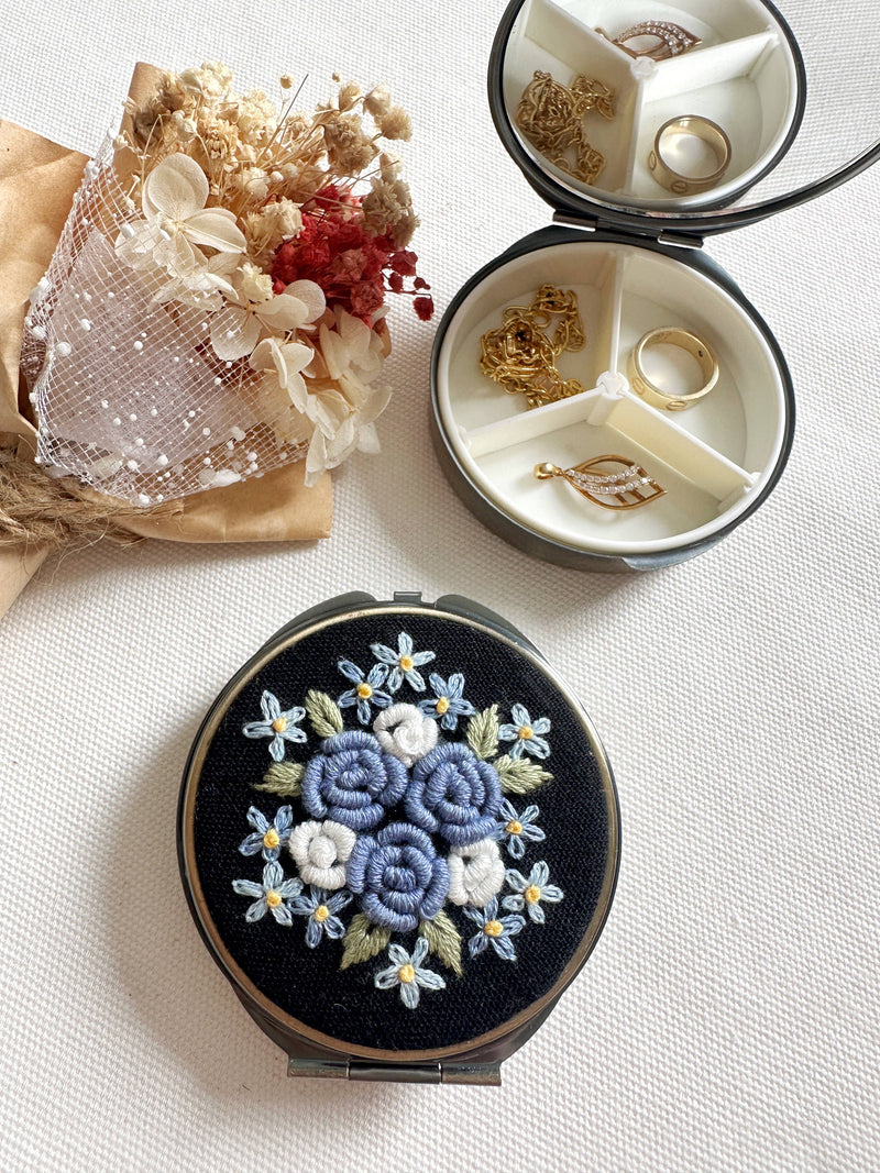 Floral Embroidered Round Jewelry Box (or Pill Box) With MirrorSuccess