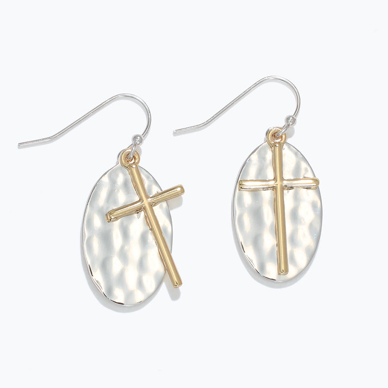 Earrings-Hammered two tone w cross