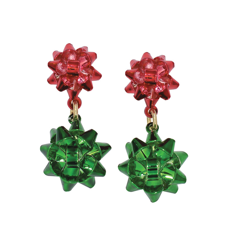 Earrings-Red+Green Xmas Bow Dangle