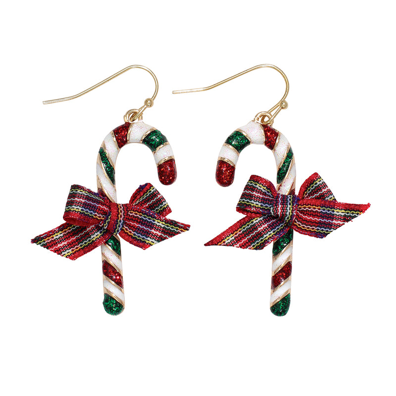 Earrings-Candy Cane w Plaid Bow