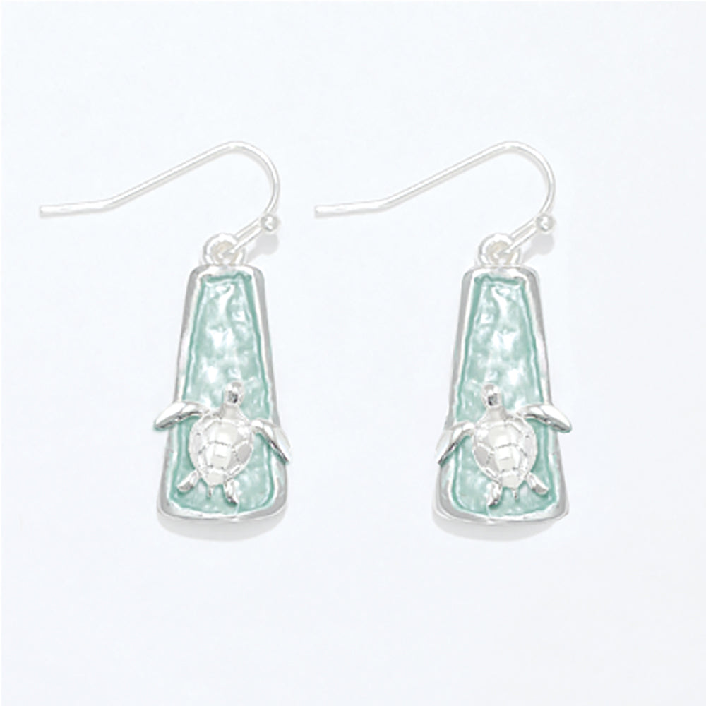 Earring-Aqua enamel w Silver Turtle