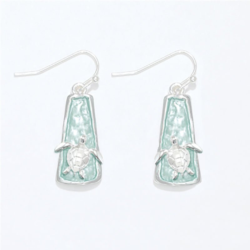 Earring-Aqua enamel w Silver Turtle