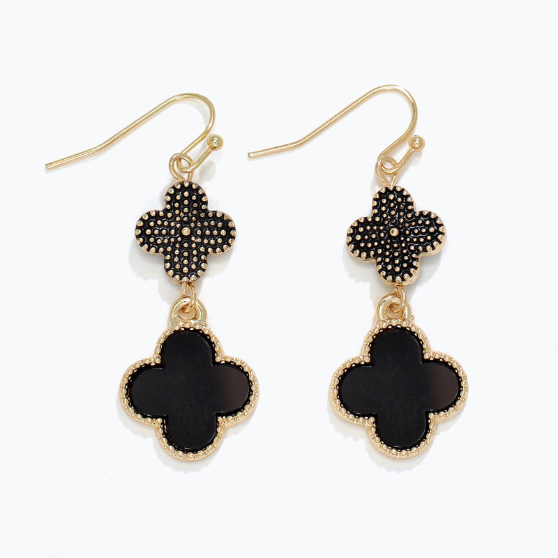 Earrings-Black+Gold Clover Dangle