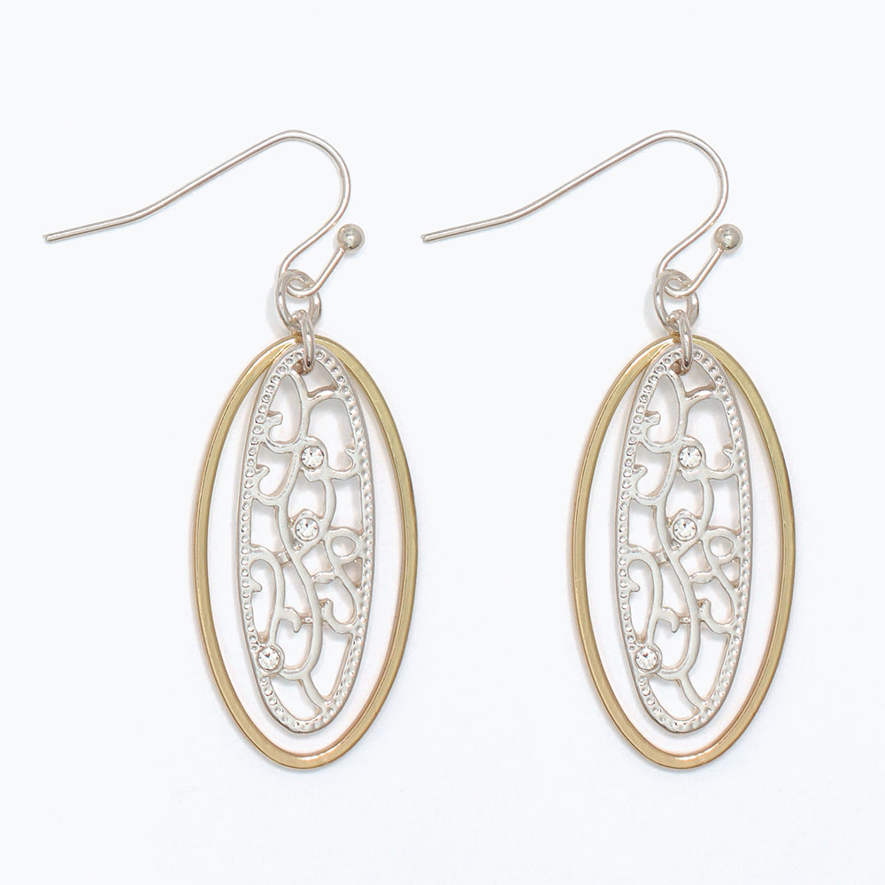 Earrings-TwoTone Ornate Drop