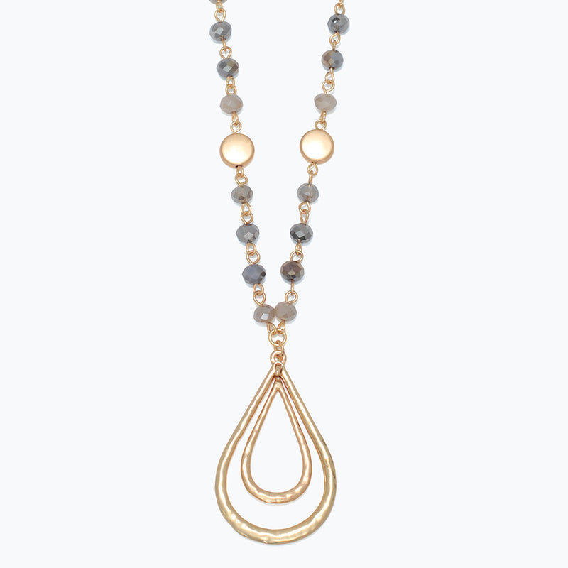 Necklace-Gold Hammered+Neutral Bead
