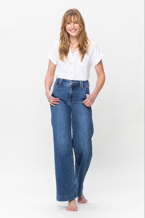 82558 FINAL SALE Judy Blue High Waist Double Button Wide Leg Jeans - Sizes 0-22W Curvy