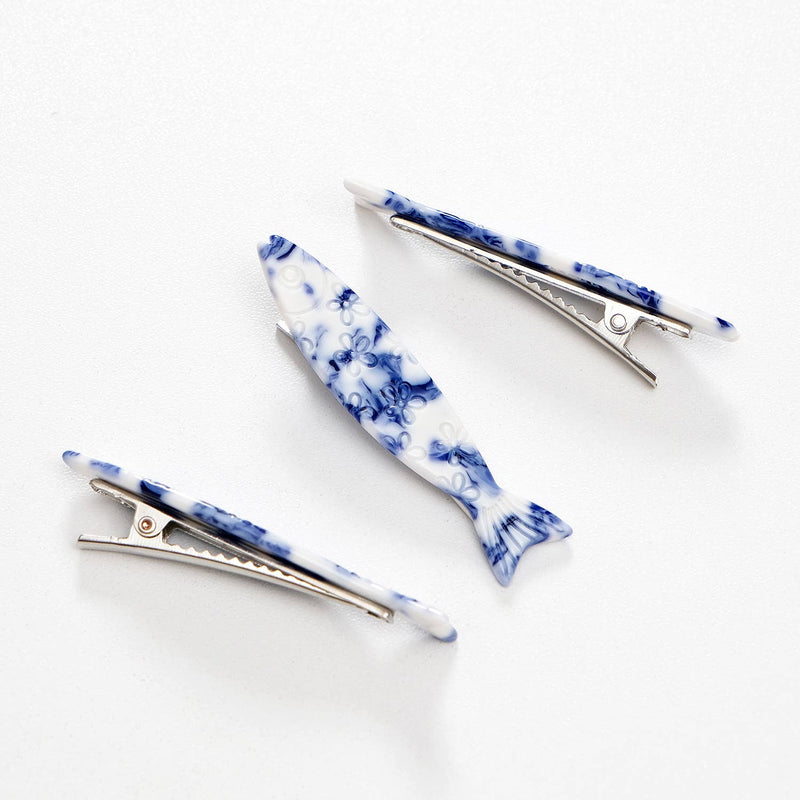 Coastal Blue Floral Sardine Fish Barrette Hair Clip