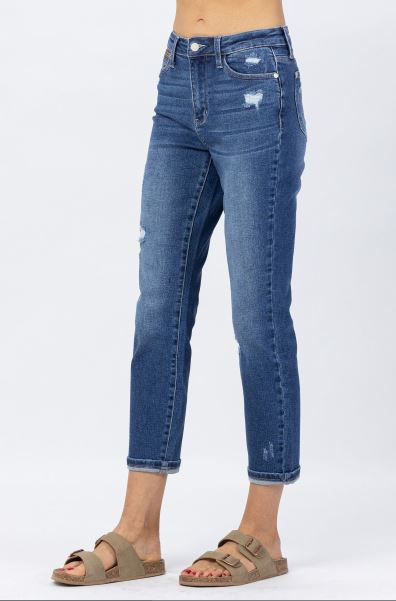FINAL SALE Judy Blue Hi-Rise Rainbow Embroidery Cropped Straight Leg Jeans - Sizes 7-16W