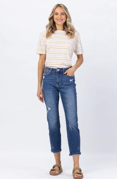 FINAL SALE Judy Blue Hi-Rise Rainbow Embroidery Cropped Straight Leg Jeans - Sizes 7-16W