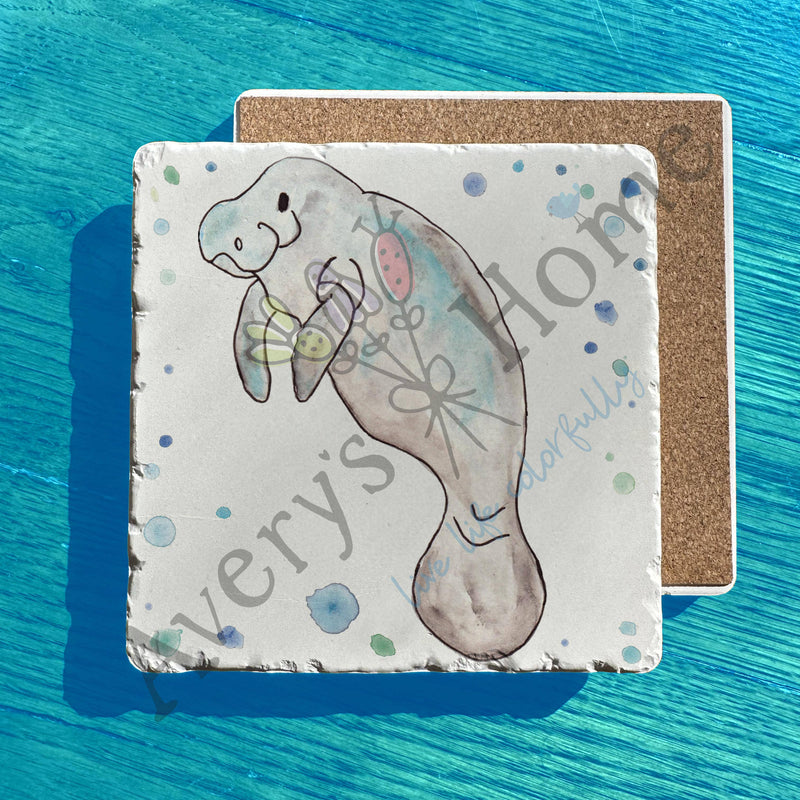 Florida Coastal Manatee Watercolor Art Tumbled Stone Trivet