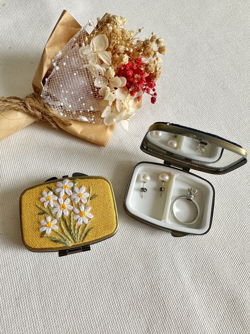 Floral Embroidered Rectangle Mini Jewelry Box (or Pill Box) With Mirror