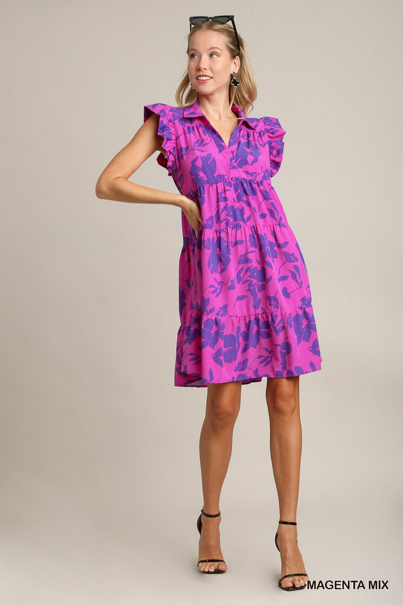 Floral Print A-Line Collared Tiered Dress - Magenta Mix A0717