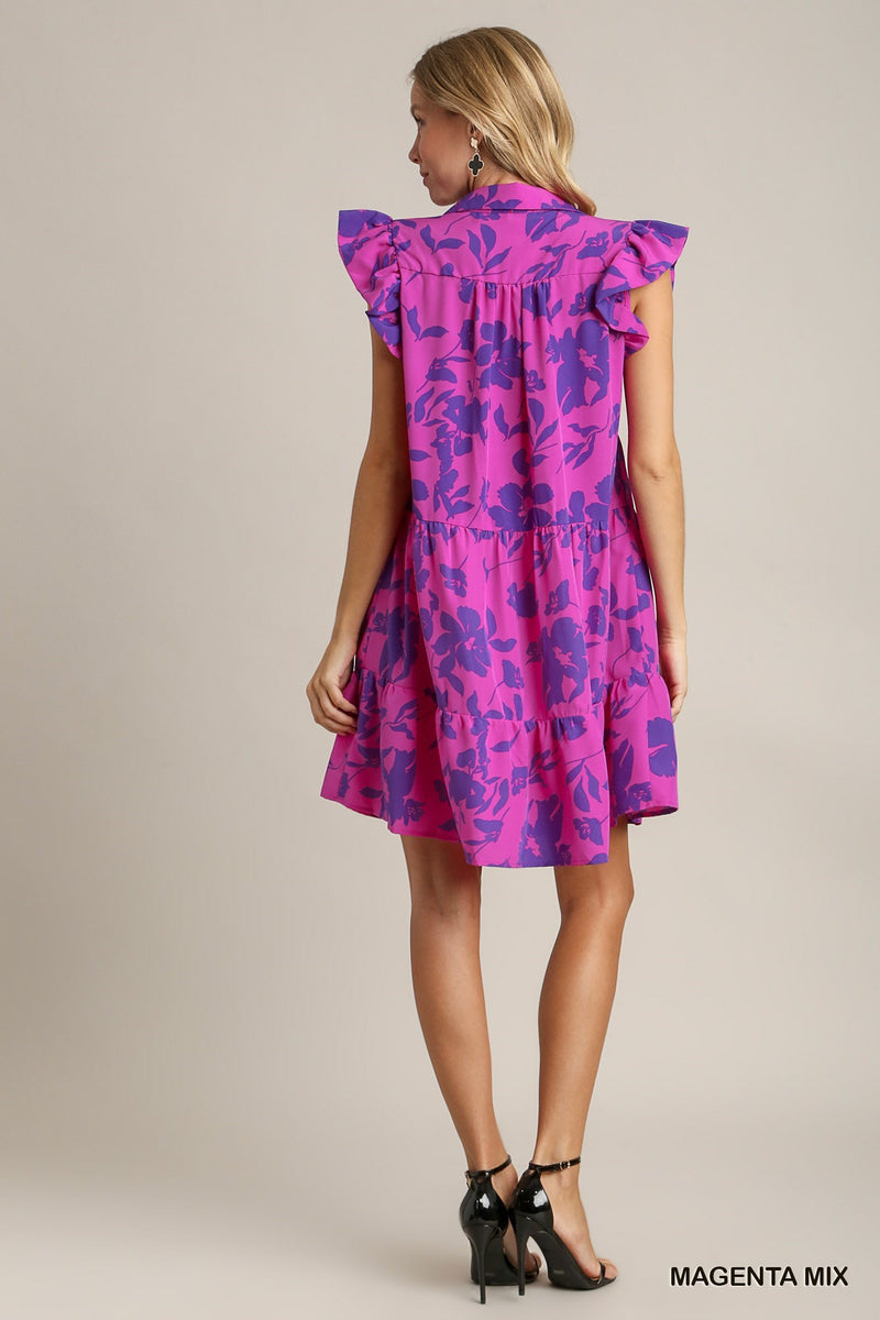 Floral Print A-Line Collared Tiered Dress - Magenta Mix A0717