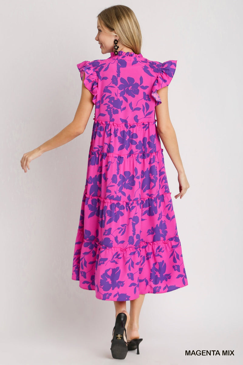 Floral Print Midi Dress - Magenta Mix A0720