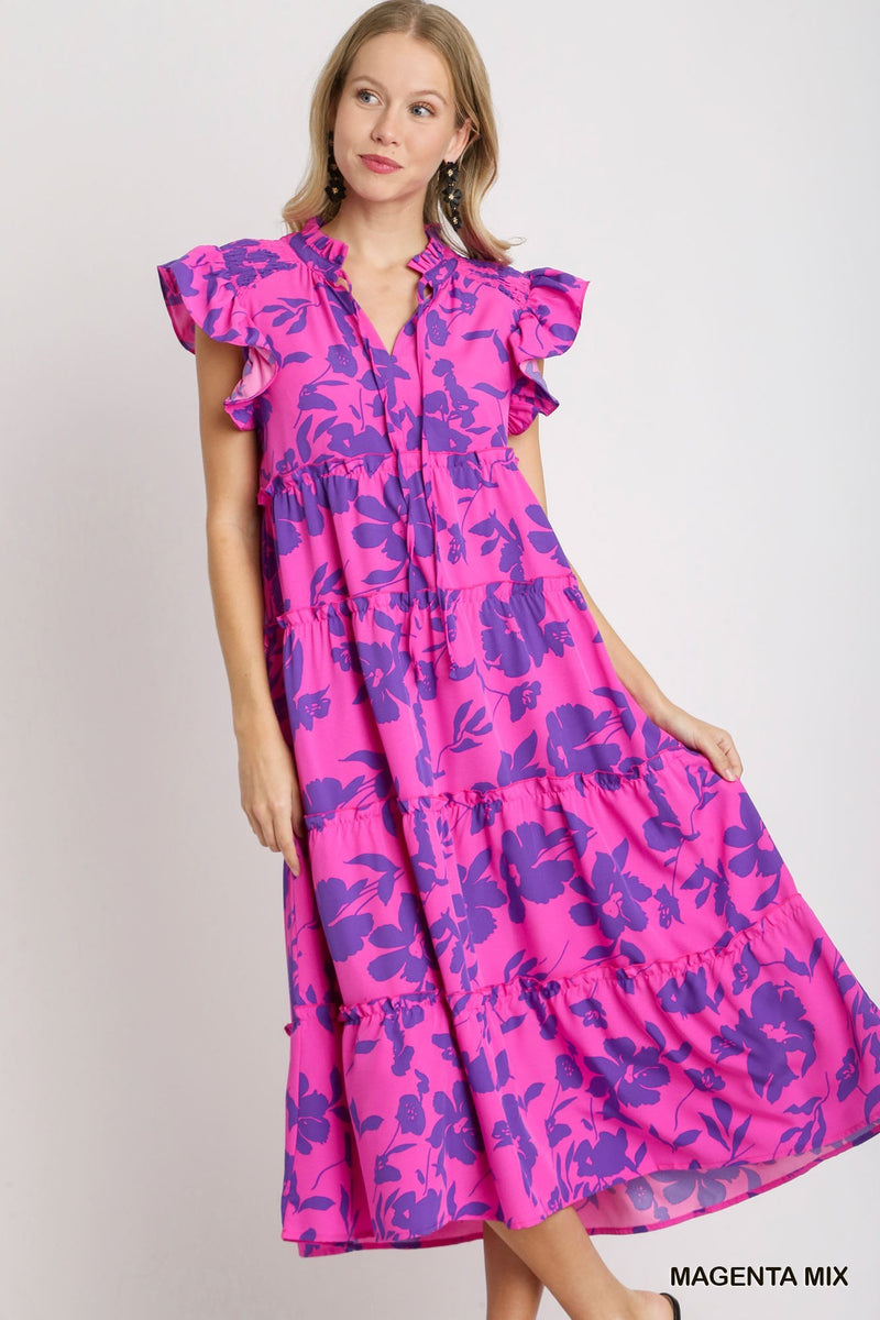 Floral Print Midi Dress - Magenta Mix A0720