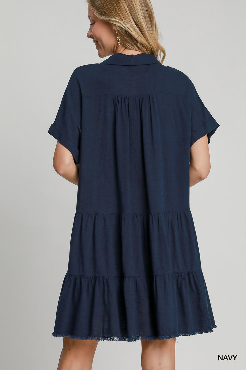 Linen Folded Sleeve Linen Dress - Navy