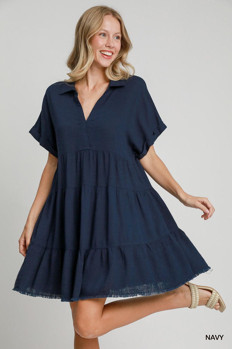 Linen Folded Sleeve Linen Dress - Navy