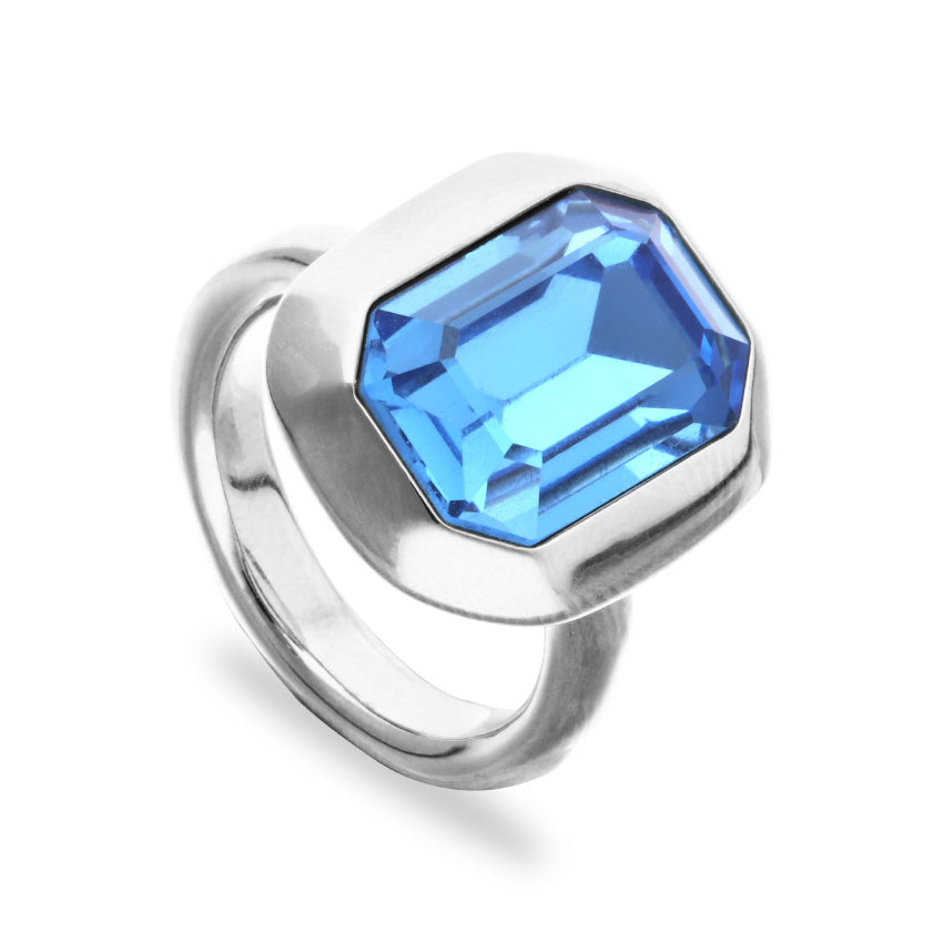 UNOde50 Ring Nucleo with Blue Faceted Crystal - Silver