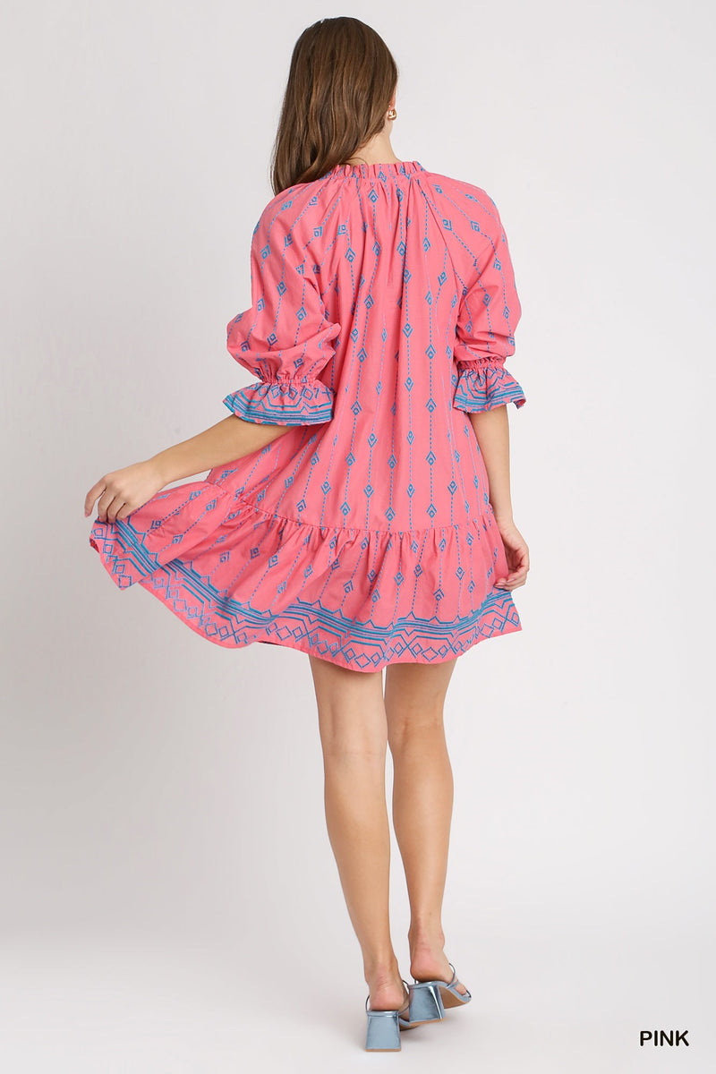 Embroidery Short A-Line Dress with Split Ruffle Neck - Pink B8592
