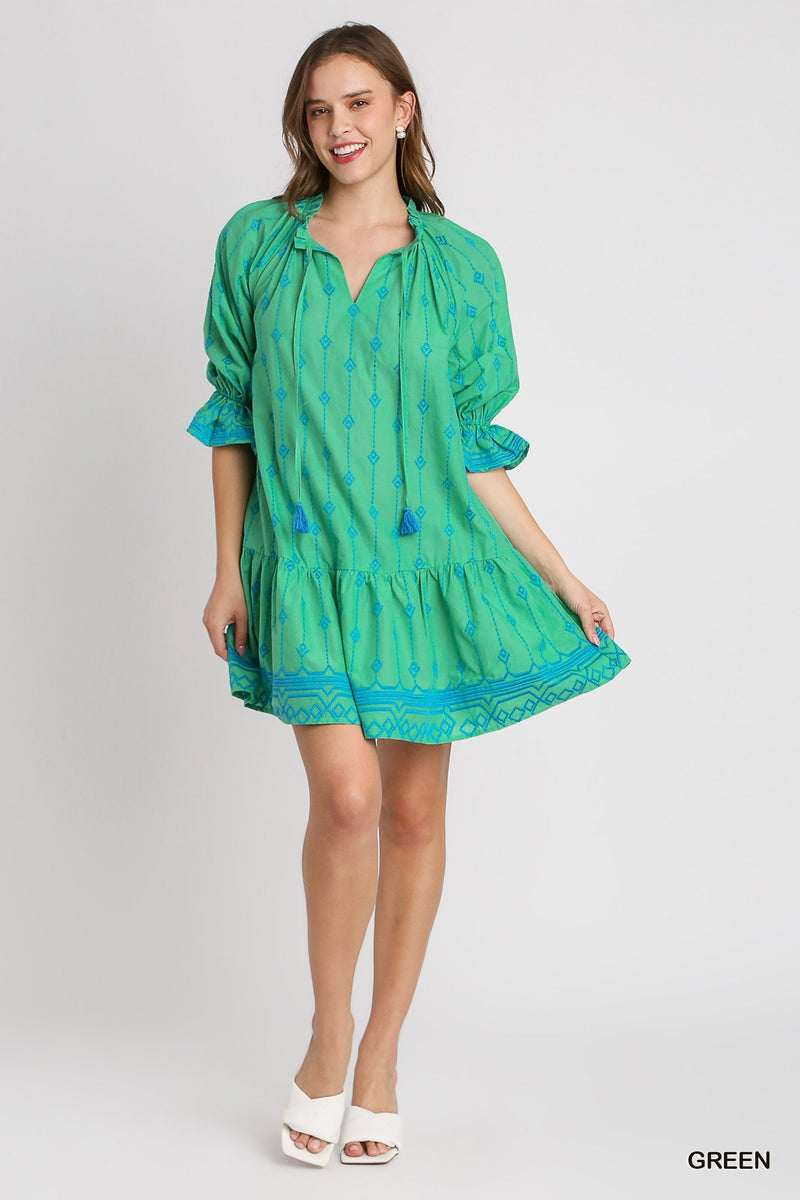 Embroidery Short A-Line Dress with Split Ruffle Neck - Green B8592