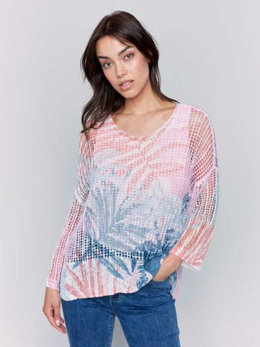 Charlie B Printed Fishnet Crochet Sweater - Tropical