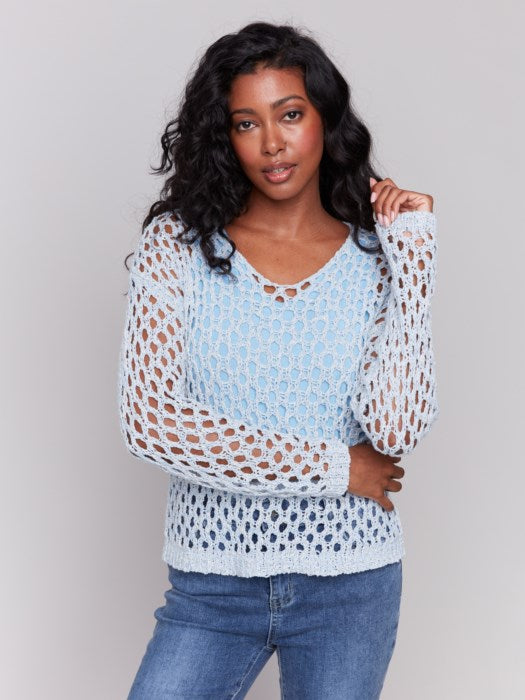 Charlie B Fishnet V-Neck Sweater - Denim
