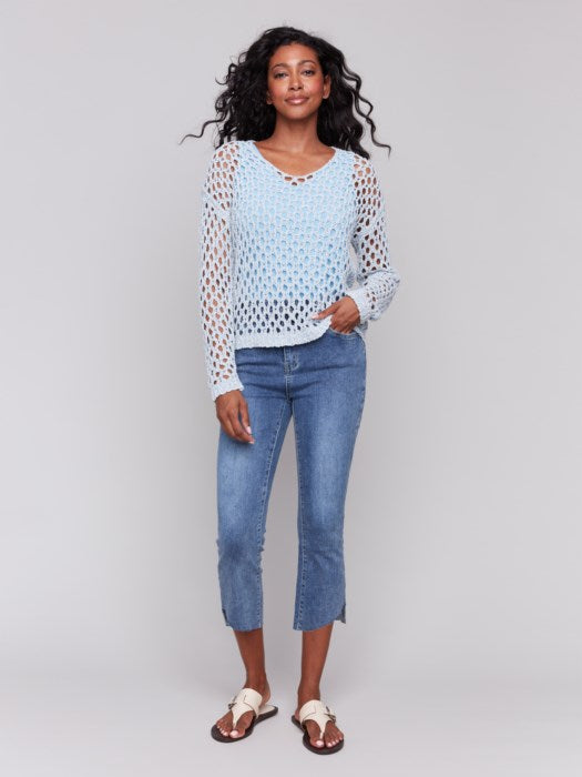 Charlie B Fishnet V-Neck Sweater - Denim