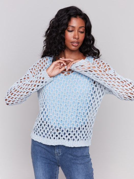 Charlie B Fishnet V-Neck Sweater - Denim
