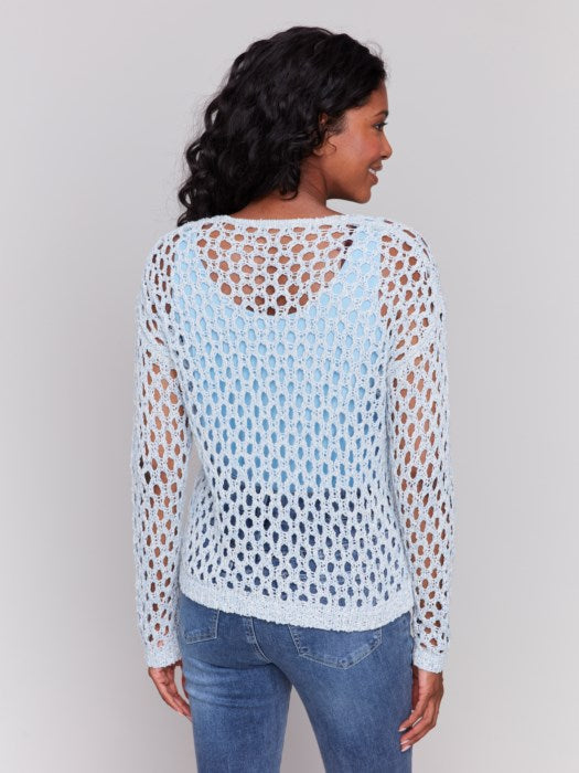 Charlie B Fishnet V-Neck Sweater - Denim