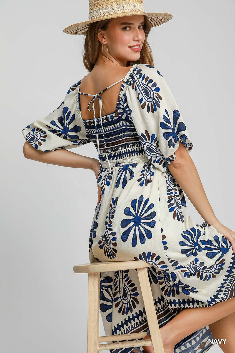 Border Printed Tiered Midi Dress - Navy