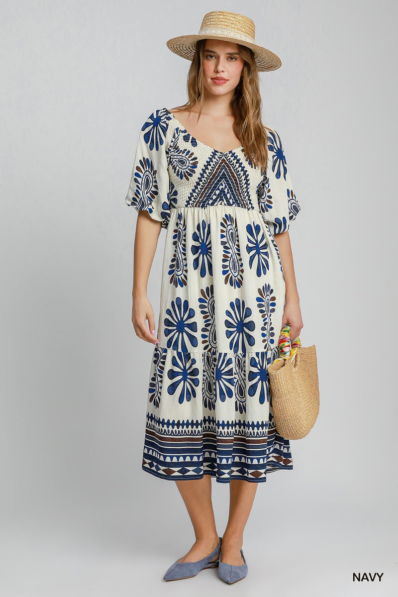 Border Printed Tiered Midi Dress - Navy