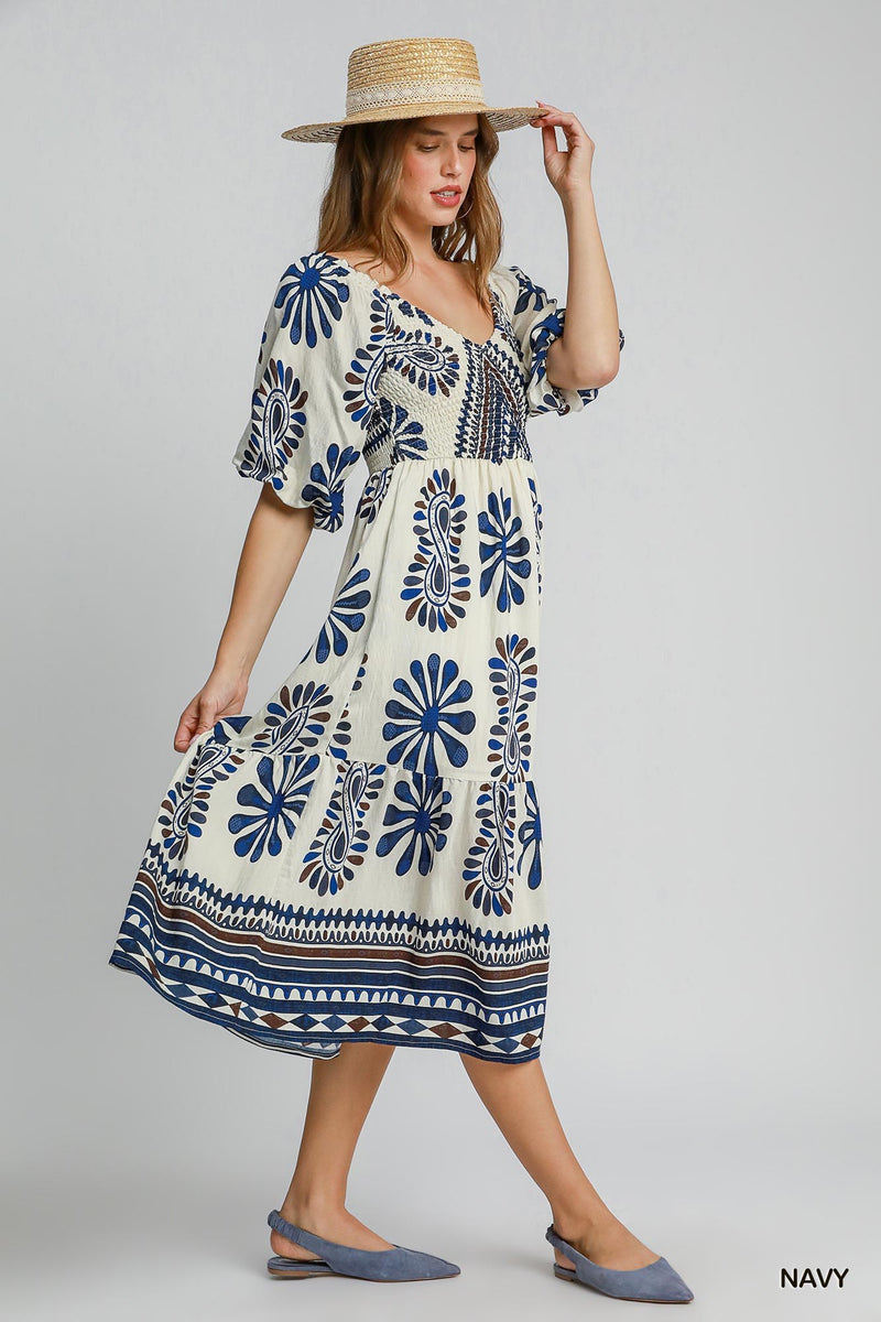 Border Printed Tiered Midi Dress - Navy