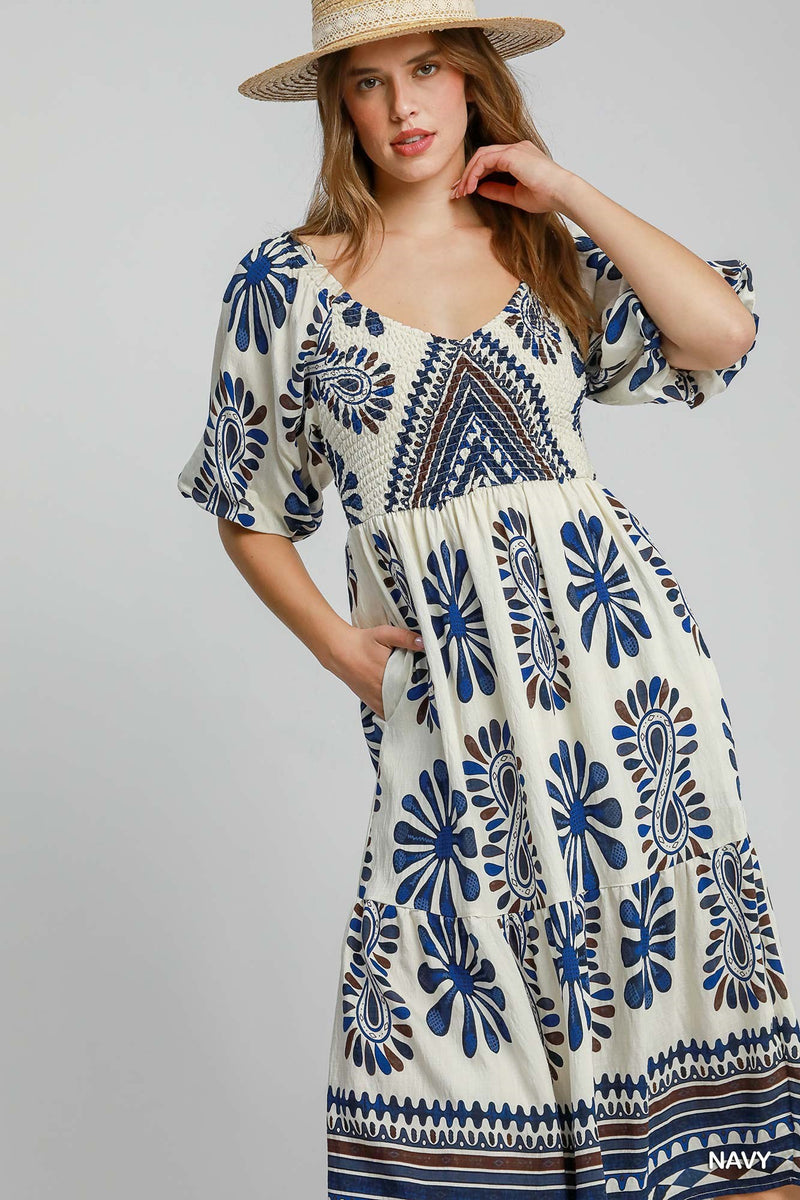 Border Printed Tiered Midi Dress - Navy